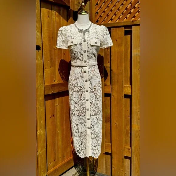 🆕 SELF-PORTRAIT 🧿 BNWOT Cream Lace Diamante Bow Midi Dress, Sz US 2 / UK 6 - Picture 3 of 16